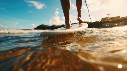 Close up athletic legs of young woman who active rides wave on surf style wakeboard, Many water droplets around.