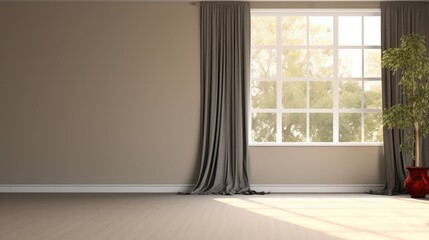 Empty room with blank cream white wall, black blackout curtain window, Luxury interior design, decoration, renovation.