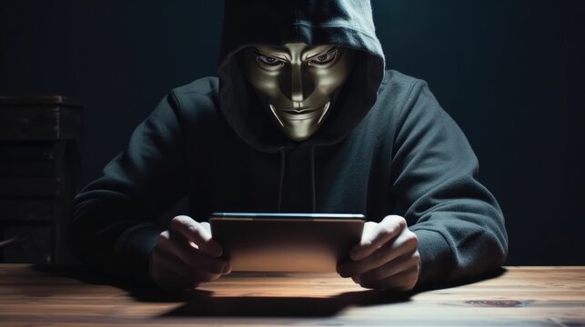 Black hat wearing white mask hacker in hood using tablet on desk to hacking privacy sensitive data cyber, Crime hack in dark.