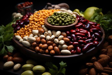 Dry Organic Assorted Bean, Colorful organic beans on a burgundy background, Many variety of beans.