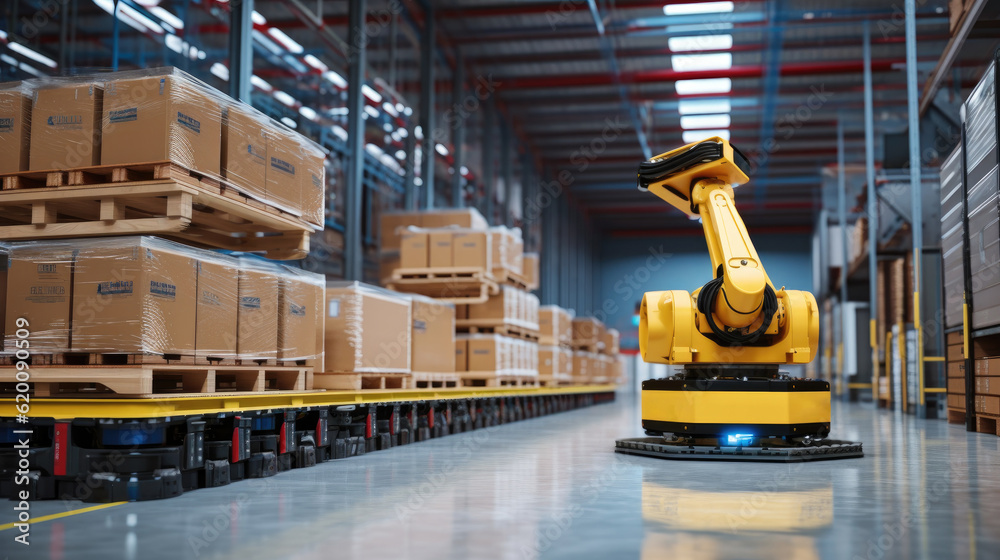 Poster Automated retail warehouse with robots efficiently sorting parcels, Automated Robotic Arm In Smart Distribution Warehouse