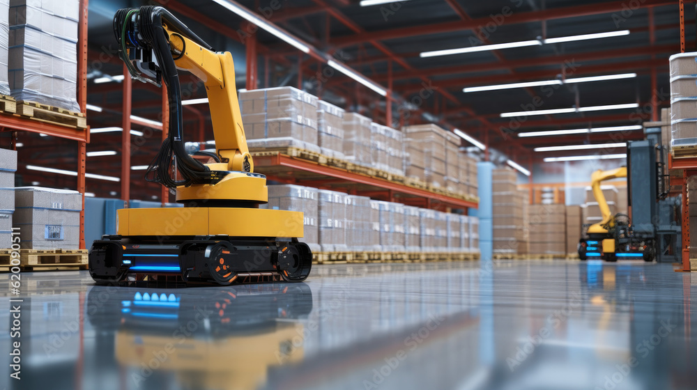 Poster Automated retail warehouse with robots efficiently sorting parcels, Automated Robotic Arm In Smart Distribution Warehouse