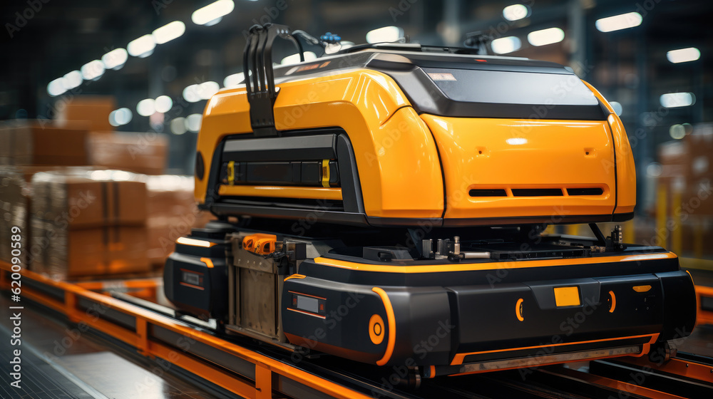 Poster Factory Automation with AGV and robotic arm in transportation, Factory 4.0 concept
