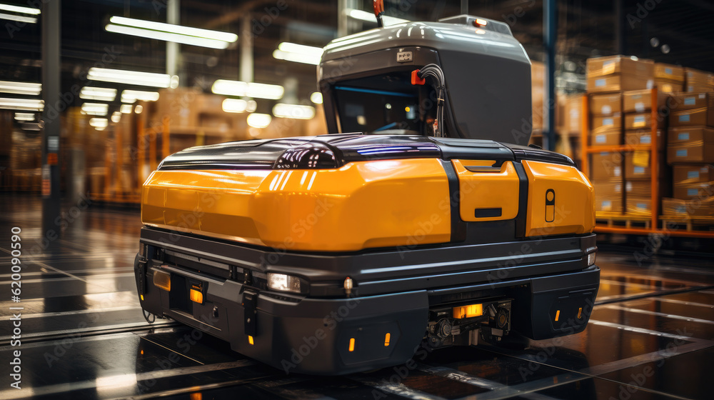 Poster autonomous guided robot agv system robotic arm carry cardboard box at warehouse logistic, smart indu