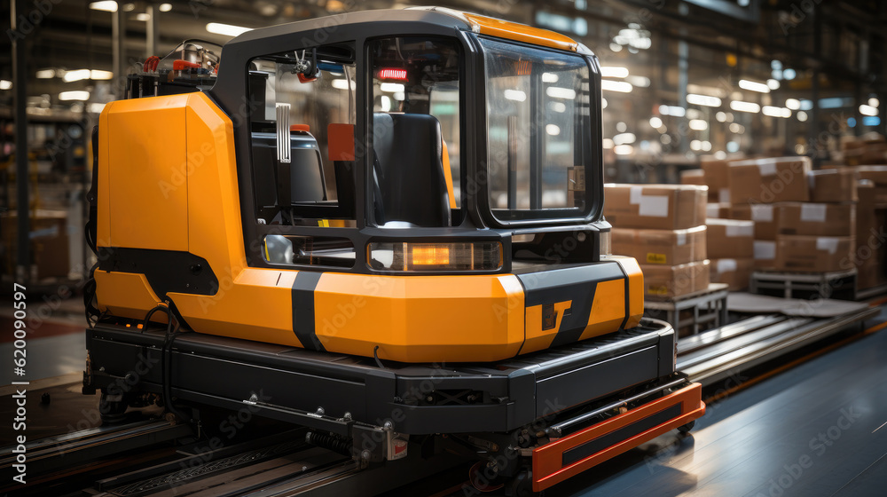 Poster autonomous guided robot agv system robotic arm carry cardboard box at warehouse logistic, smart indu