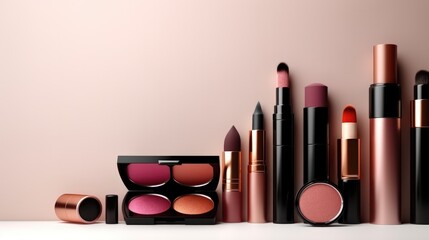 Cosmetic products on grey background, Cream, powder, eyeshadow, Fashion women make up product.