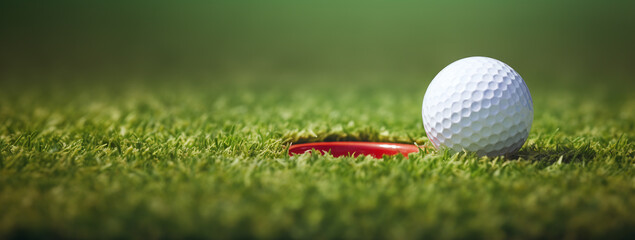 Golf ball on the green grass of the golf course. Generative AI