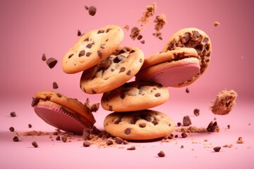 Fototapeta na wymiar Flying chocolate chip cookies on pink background, Food levitation.