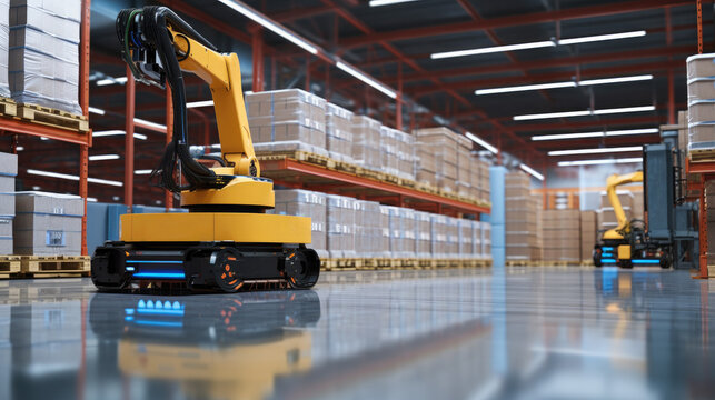 Automated retail warehouse with robots efficiently sorting parcels, Automated Robotic Arm In Smart Distribution Warehouse