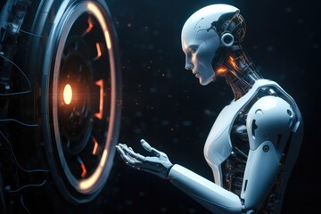 Human like robot talking to artificial intelligence, human robot relationship concept.