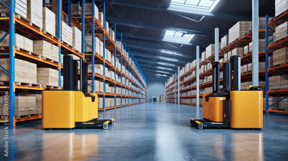 Poster The Robot arm picks up the box Autonomous, Factory 4.0 concept, The robot is delivering the goods In Smart Distribution Warehouse, Autonomous delivery is robotic.
