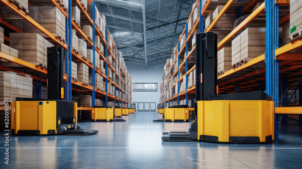 Aufkleber Automated retail warehouse with robots efficiently sorting parcels, Automated Robotic Arm In Smart Distribution Warehouse