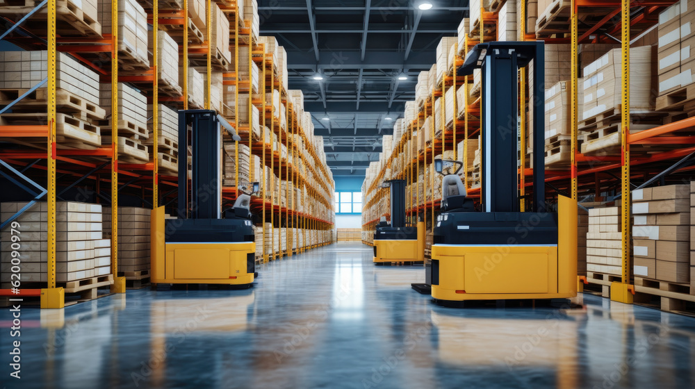 Aufkleber Autonomous Robot transportation in warehouse, Factory 4.0 concept, Factory Automation with Automated Guided Vehicles.