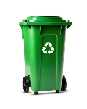 green recycle bin with the recycle symbol on the front in white on transparent background png file. generative ai.