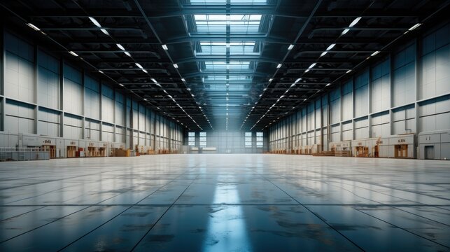 Interior of empty warehouse, Big automated empty warehouse, Space for modern shelves and boxes.