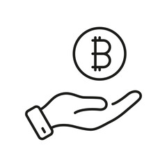 Bitcoin in Human Hand Line Icon. Buy and Sell Crypto Currency Coin Linear Pictogram. Cryptocurrency Financial Payment. Digital Finance Outline Symbol. Editable Stroke. Isolated Vector Illustration