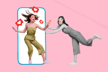 3d retro abstract creative artwork template collage of excited happy woman screen display fake impression social media smm manager - Powered by Adobe