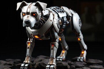 Fototapeta na wymiar Robot dog stands on a gray background, Cyber dog.