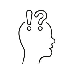 Human Head with Question Mark and Exclamation Point Line Icon. Person Face in Profile View Doubt and Curious Linear Pictogram. Confused Outline Symbol. Editable Stroke. Isolated Vector Illustration