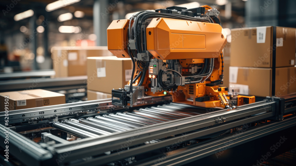 Poster Robots sort and move boxes, packaging and sorting robot, placing items into boxes for shipping, Warehouse, automatic robots.