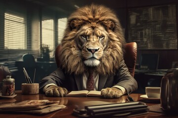 Lion in a business suit is sitting at a desk in the office. A concept on leadership and entrepreneurship. Generative AI.