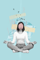 Composite collage picture image of calm peaceful female faceless meditating om lotus pose letters alphabet text mental health - obrazy, fototapety, plakaty