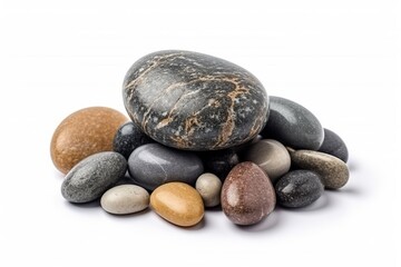 Close-up of a pile of pebbles on a white background. Generative AI. - 620091555