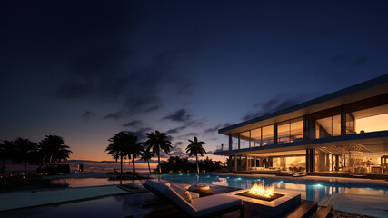Große edle Villa mit viel Glas und Swimmingpool in der Abenddämmerung, ai generativ