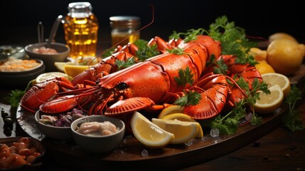 Seafood with fresh lobster, mussels, oysters as an ocean gourmet dinner background.