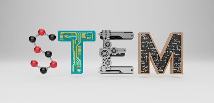 STEM typography symbols design concept. science, technology, engineering, mathematics education word. 3d rendering.
