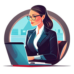 Business woman working on laptop in office. Vector illustration in cartoon style
