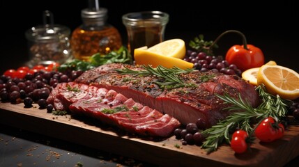Raw beef steak on a dark wooden table, with spices, vegetables and aromatic herbs, Natural product.