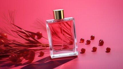 Transparent bottle of perfume with label on a red background, Girl,man perfume.