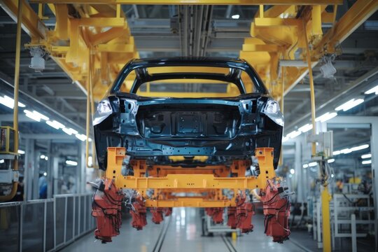 Robotic equipment makes Assembly of car, Innovative Technology and Skilled Labor, The Making of a Car in a Production Factory.