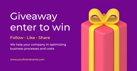 Giveaway promo 3d banner wrapped gift box with bow social media competition realistic vector