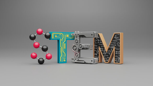 STEM typography symbols design concept. science, technology, engineering, mathematics education word. 3d rendering.