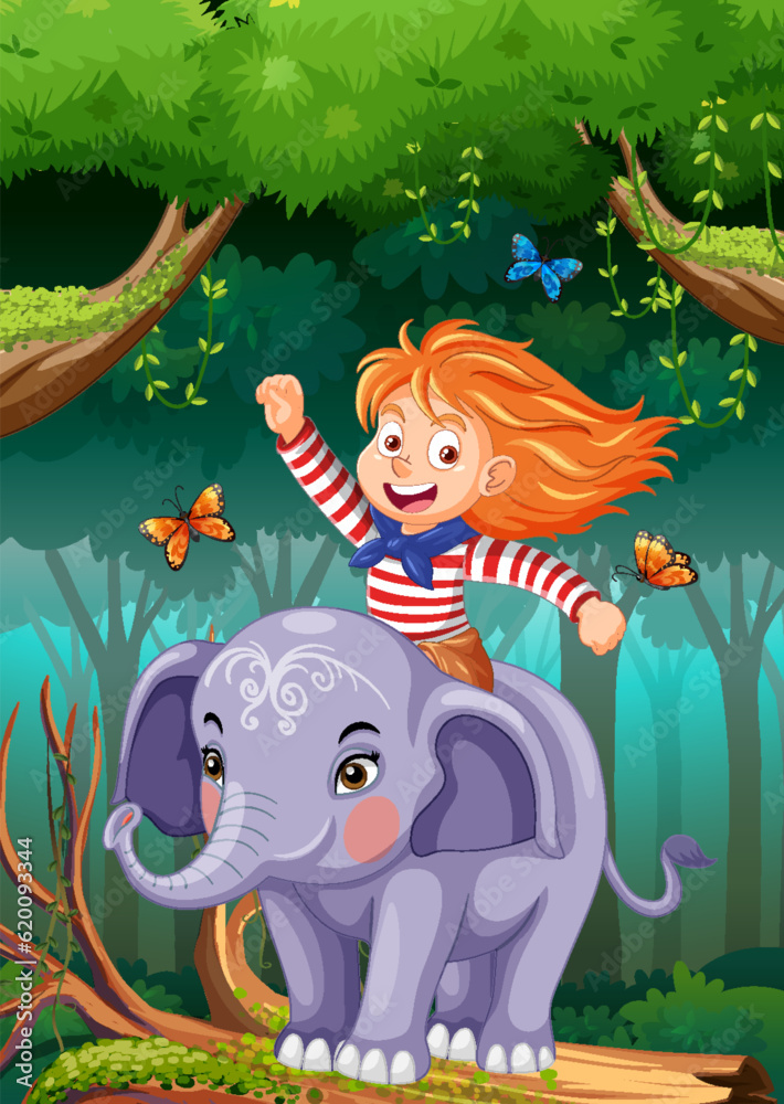 Wall mural happy girl riding elephant in the jungle