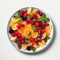 Obraz na płótnie Canvas a plate of fruits salad on white background for food photography generative ai