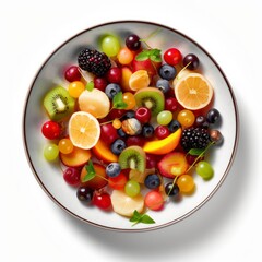 Obraz na płótnie Canvas a plate of fruits salad on white background for food photography generative ai