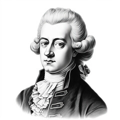 Black and white vintage engraving, headshot portrait of Wolfgang Amadeus Mozart, serious looking expression, facing camera, white background, greyscale - Generative AI