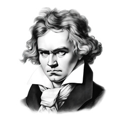 Black and white vintage engraving, headshot portrait of Ludwig van Beethoven, serious, mean, angry looking expression, facing camera, white background, greyscale - Generative AI - obrazy, fototapety, plakaty