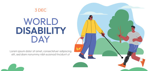 Web banner concept for World Disability day. People with Disability, International Day of Persons with Disabilities.Diversity and Inclusion. Flat vector illustration. Vector illustration