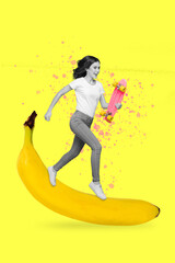 Template colorful vivid collage of positive lady dreaming run fast on sweet yellow banana for riding skateboard