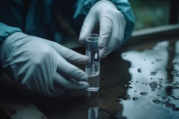 Water pollution. The scientist takes water quality tests. Gloved hands hold a test tube with liquid. Generative AI.