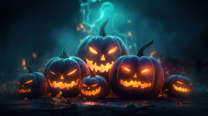 Scary halloween pumpkins on dark blue background 