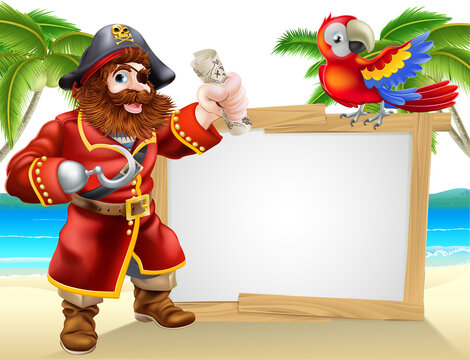 Cartoon Pirate Captain And Parrot Beach Background