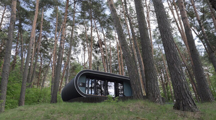 Modern oval-shaped house in the forest in the pines in summer