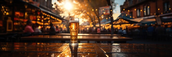 Oktoberfest glass of beer on festival background. With Generative AI technology