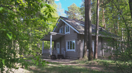 Fototapeta na wymiar Classic country house in the Norwegian style of wood in the forest in the summer in the pines