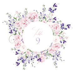 Watercolor wedding card with wisteria, roses and wild flowers, green leaves.